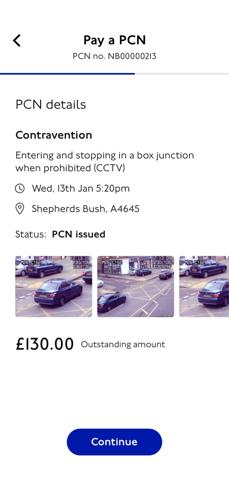 Tfl Pay to Drive app PCN details screen
