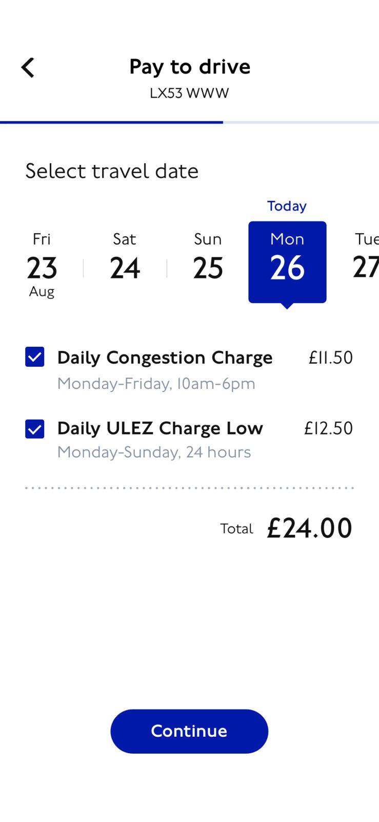 Tfl Pay to Drive app screen for selecting date and applicable charges